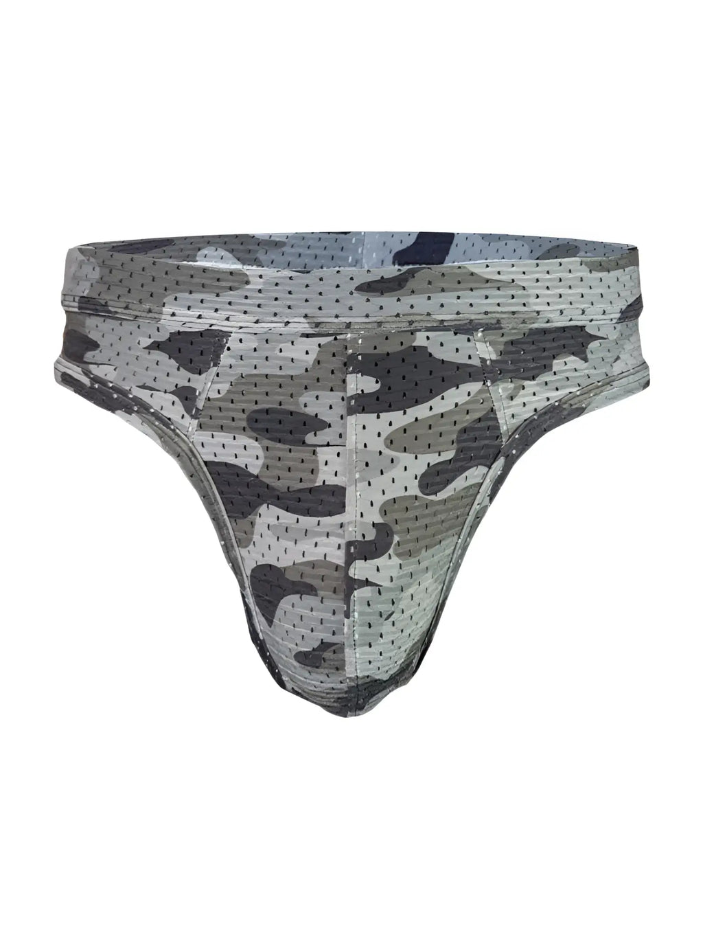 Gray and black camouflage mesh nylon nytux camo thong with perforated breathable design shown from the back