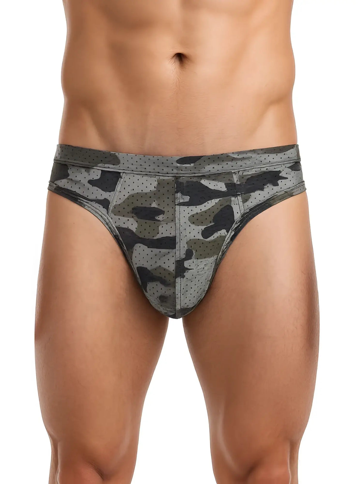 Gray and black nylon camo thong with perforated texture showcasing breathable lightweight material design