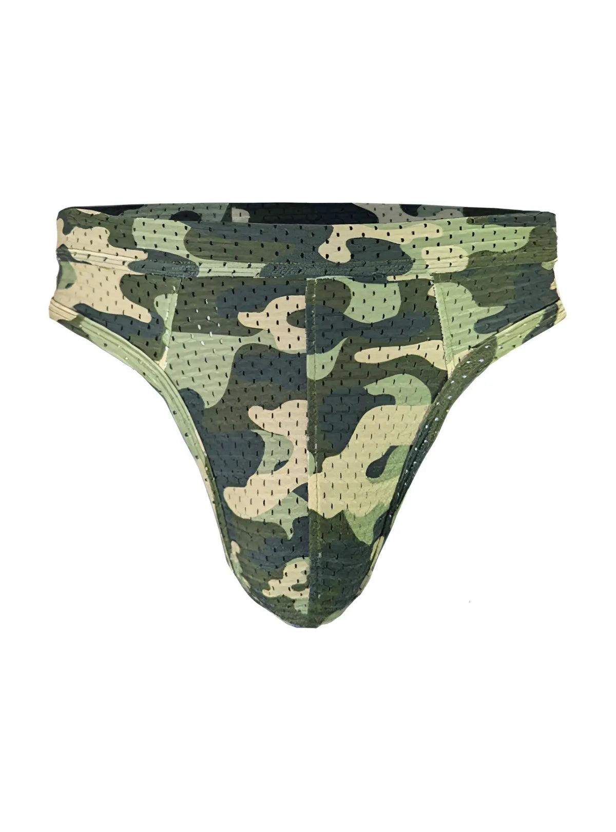 Green and beige camouflage nylux camo thong briefs with perforated mesh design for athletic use front view