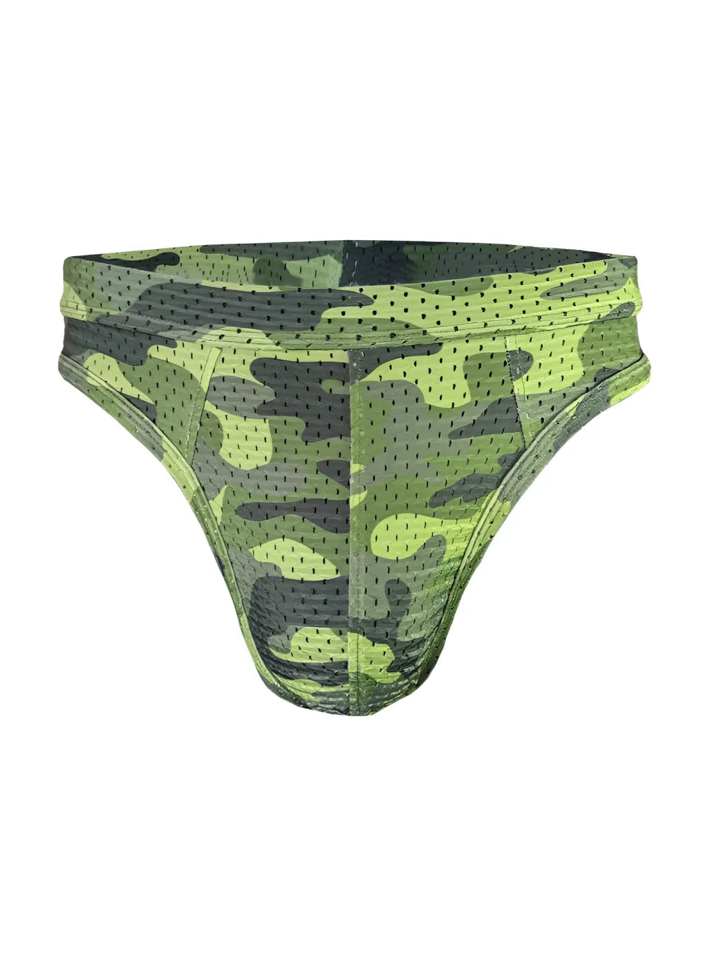Green and black camouflage patterned mesh briefs nylux camo thong showcasing breathable lightweight fabric