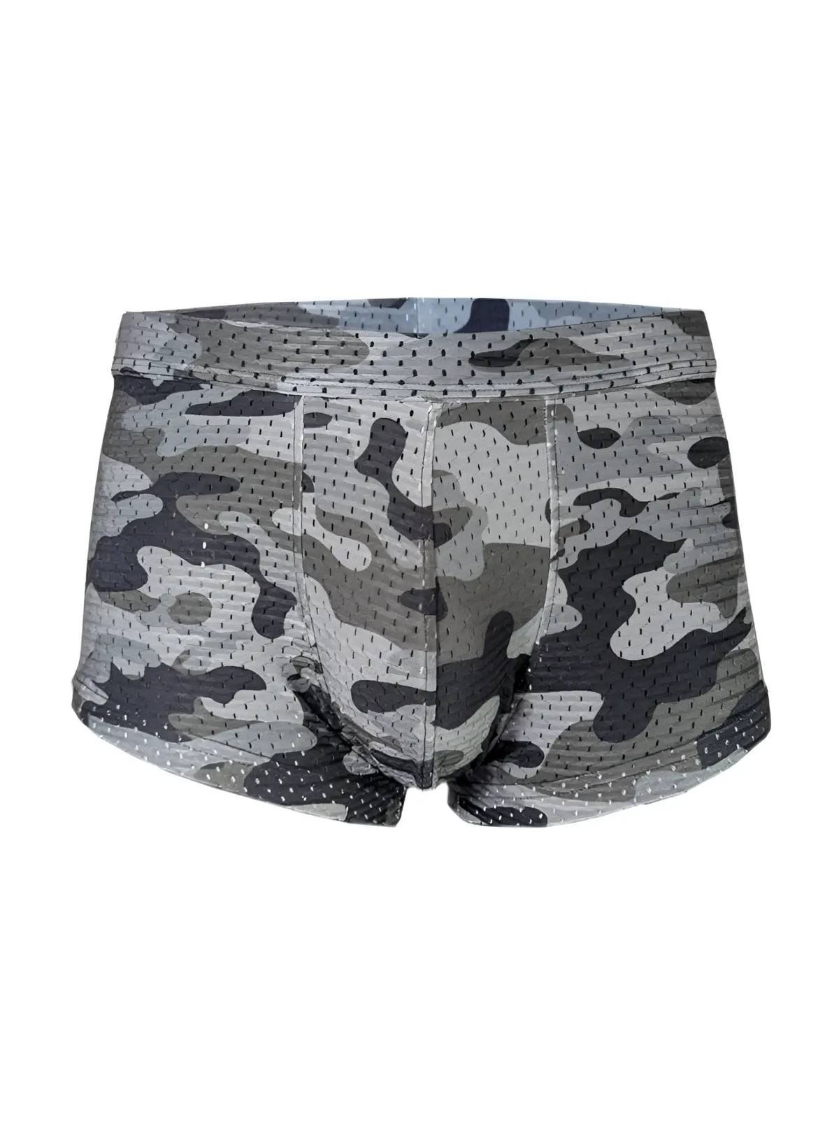 Gray and black camouflage patterned nylon mesh boxer briefs named nylux camo trunk for comfortable everyday wear