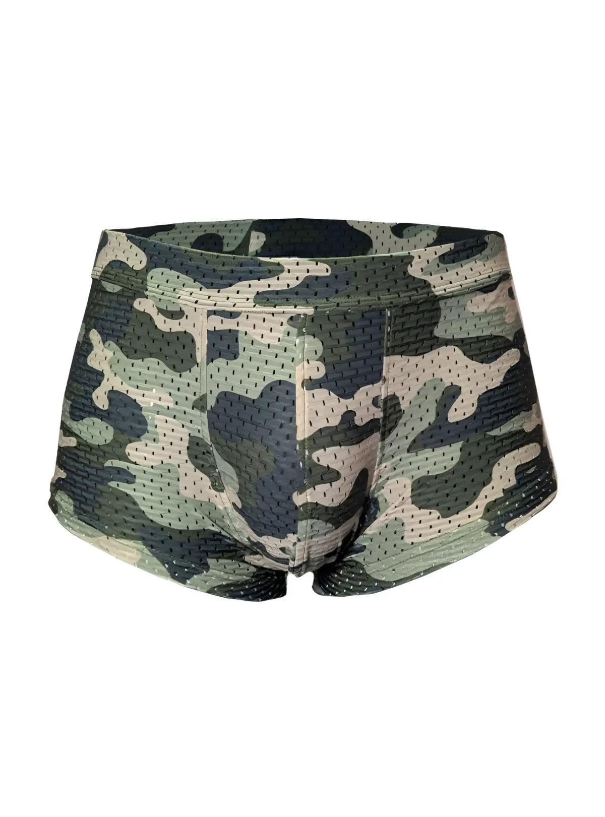 Green and beige camouflage-patterned mesh briefs nylux camo trunk made of breathable mesh material