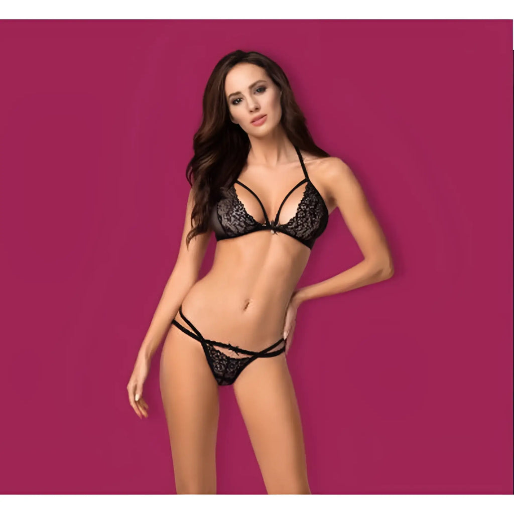 Black lace lingerie set with intricate floral patterns and thin straps in Obsessive 2 Pc Set 838 black L/XL