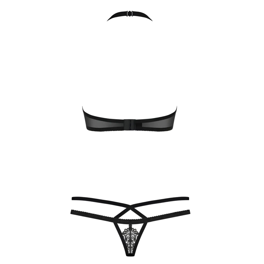 Black lace thong with intricate pattern and thin straps from Obsessive 2 Pc Set 838 in black size L XL