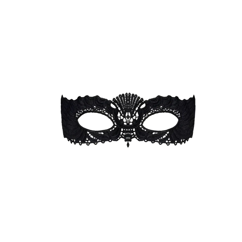 Elegant black lace masquerade mask obsessive A700 with intricate floral patterns and central decorative pendant