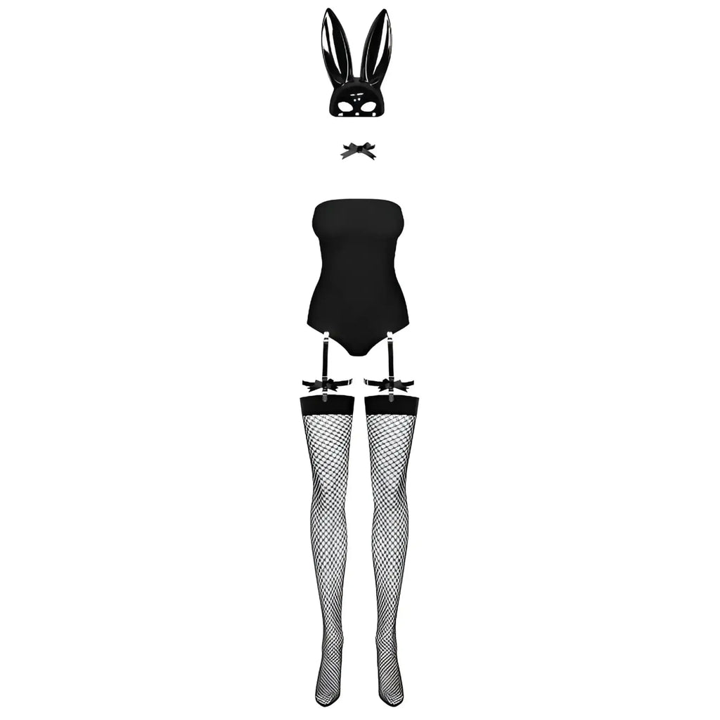 Black bunny costume set with glossy mask, strapless bodysuit with garter straps, and fishnet stockings l/xl size