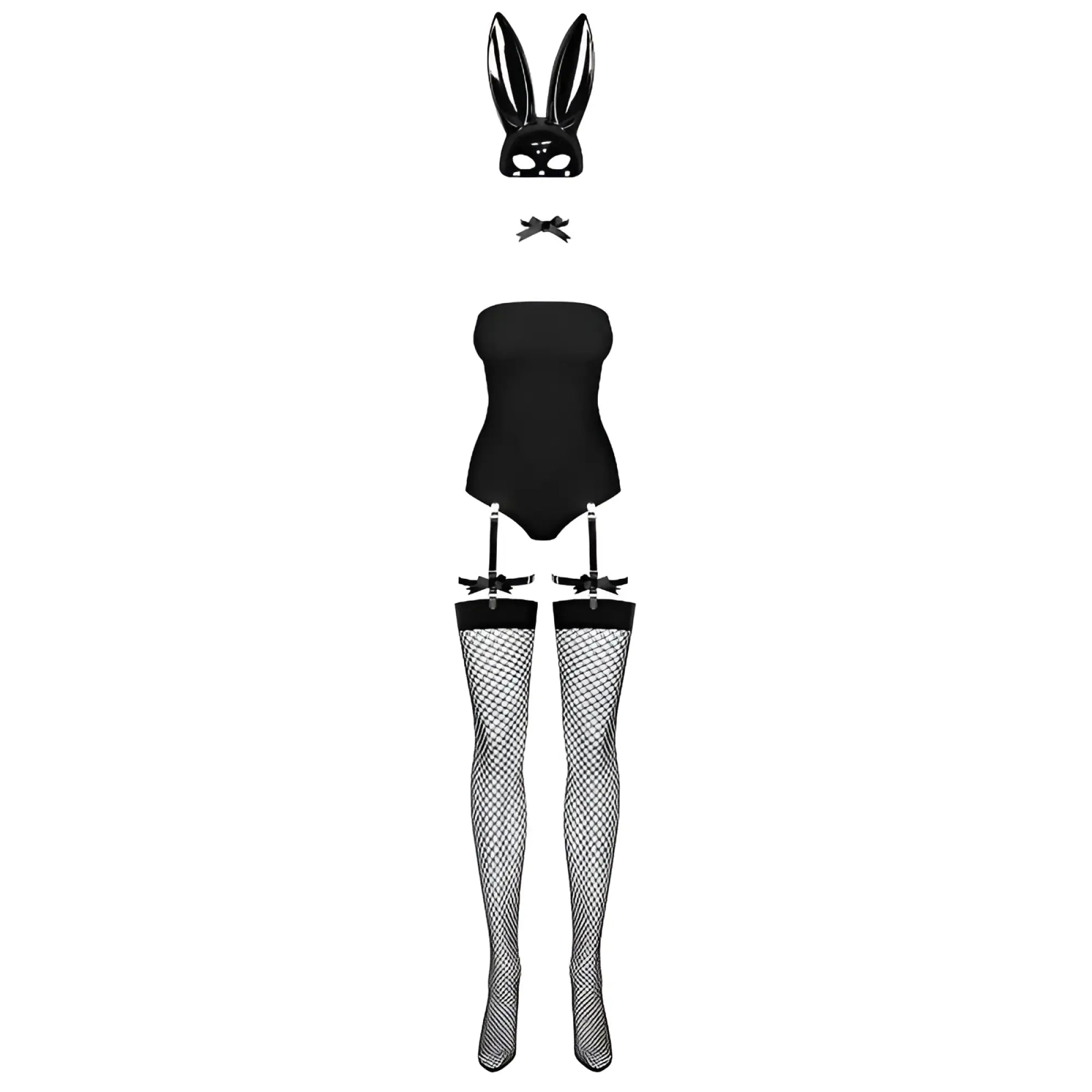 Black bunny costume set with glossy mask, strapless bodysuit with garter straps, and fishnet stockings l/xl size