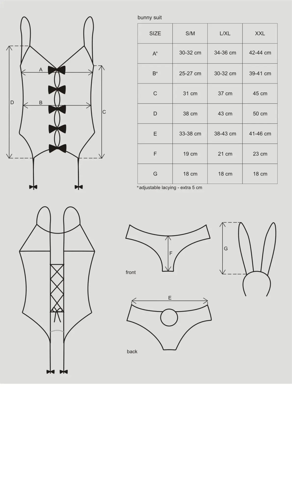 Obsessive bunny suit 4 pc costume l xl in black with bow ties and lace up front shown in technical sizing chart