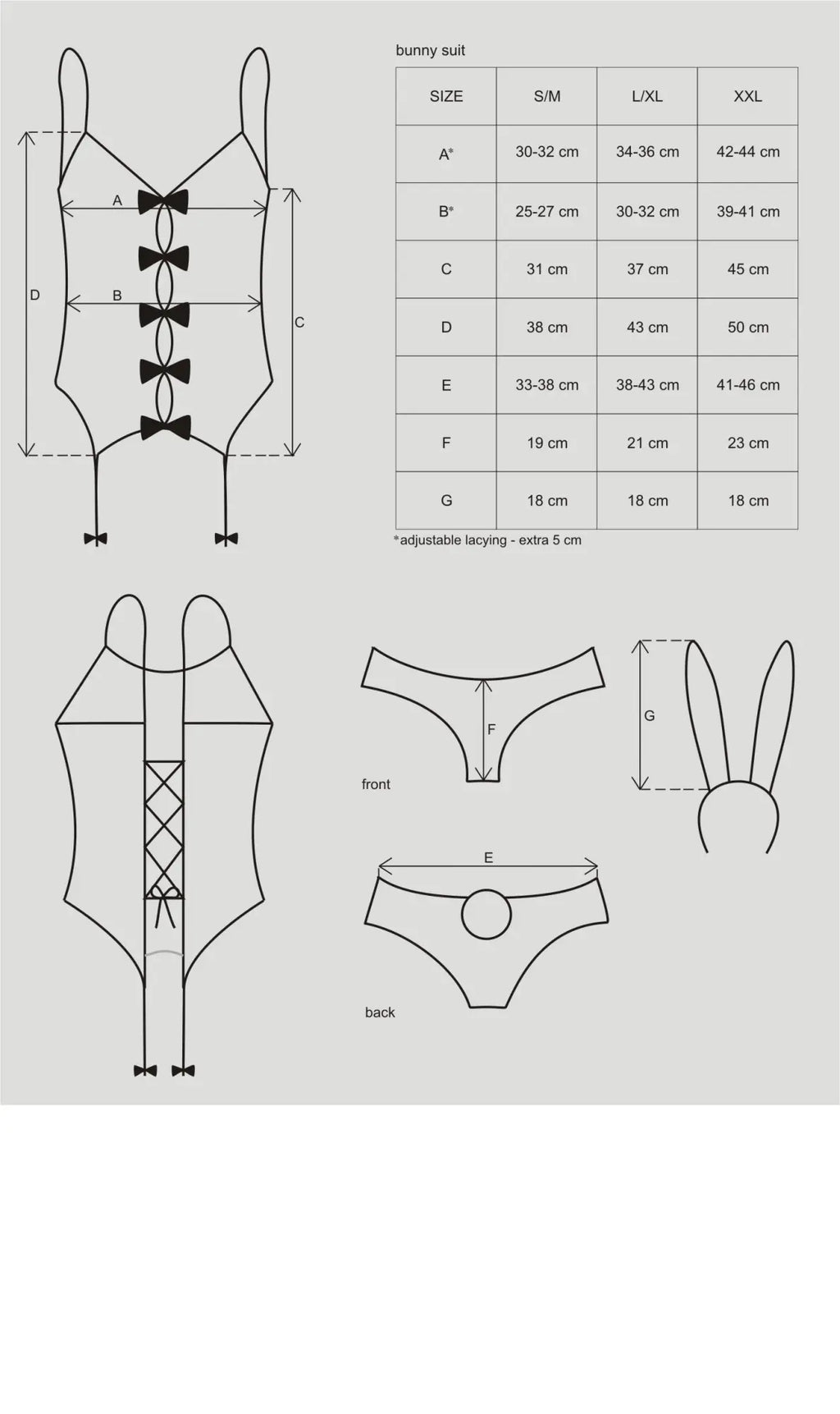 Obsessive bunny suit 4 pc costume s m in black with lace-up front and bow ties shown in technical sizing chart