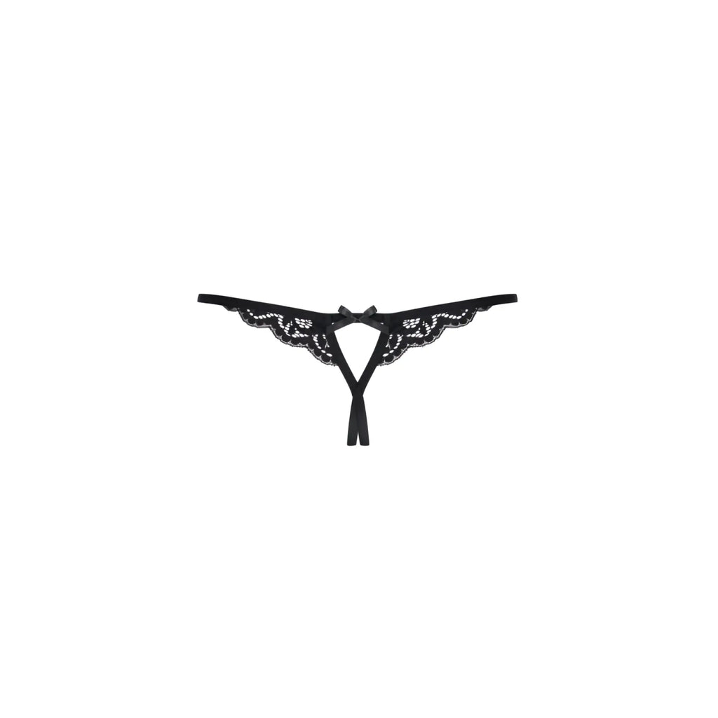 Black lace crotchless thong with delicate bow at center in size l/xl for sensual lingerie wear
