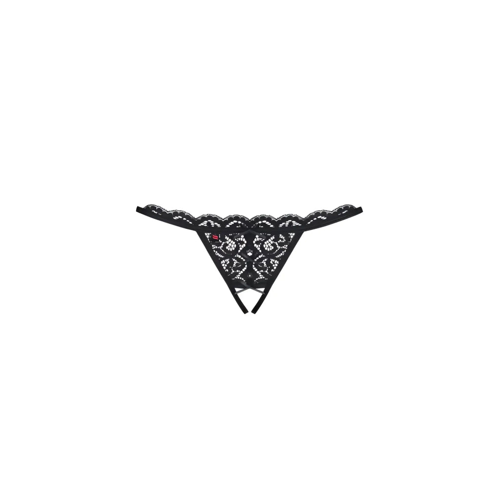 Black lace crotchless thong with intricate floral patterns and scalloped edges in size l xl back side view