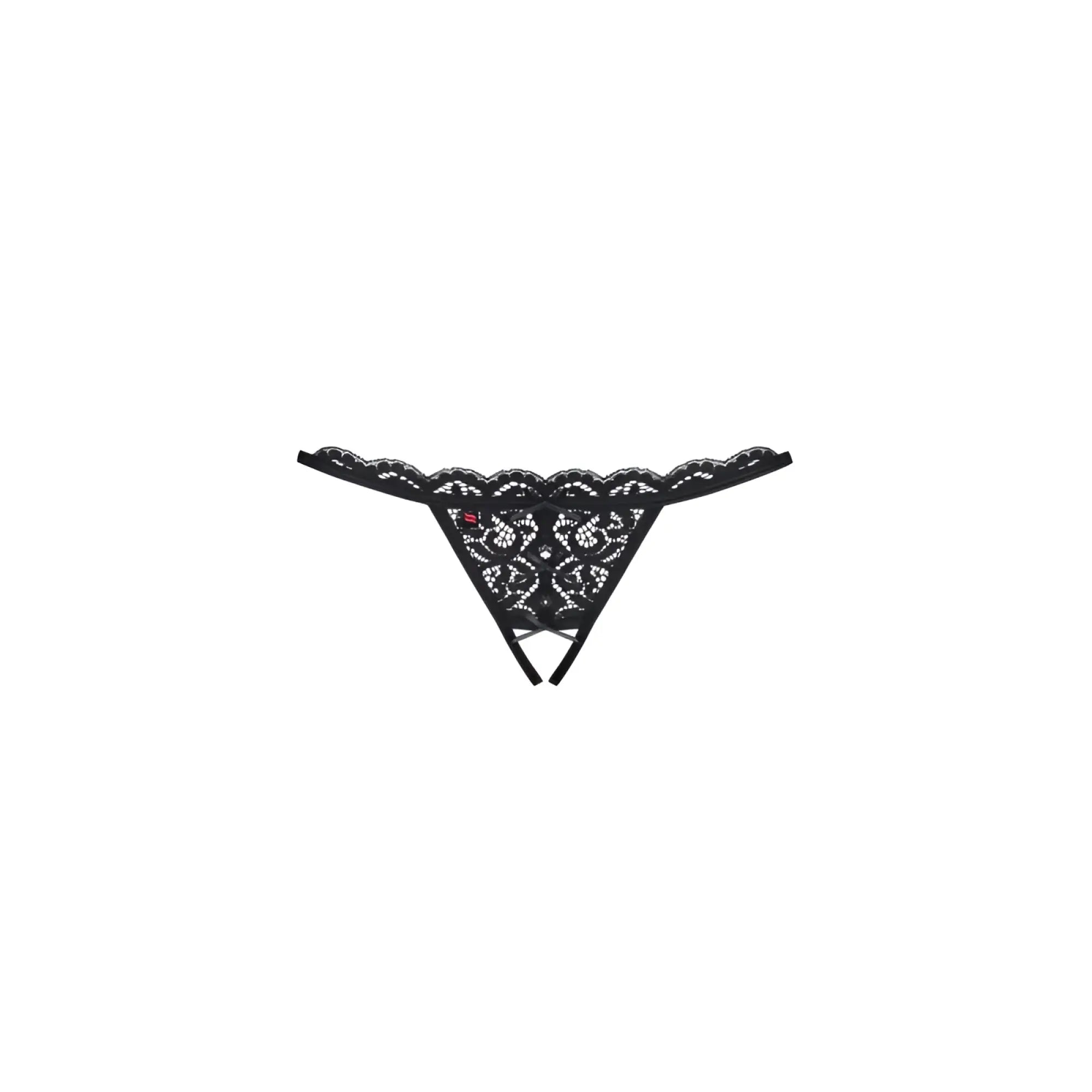 Black lace crotchless thong with intricate floral patterns and scalloped edges in size l xl back side view