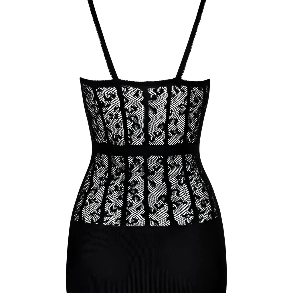 Black lace bodysuit with thin straps and corset-style design in obsessions d605 dress black one size