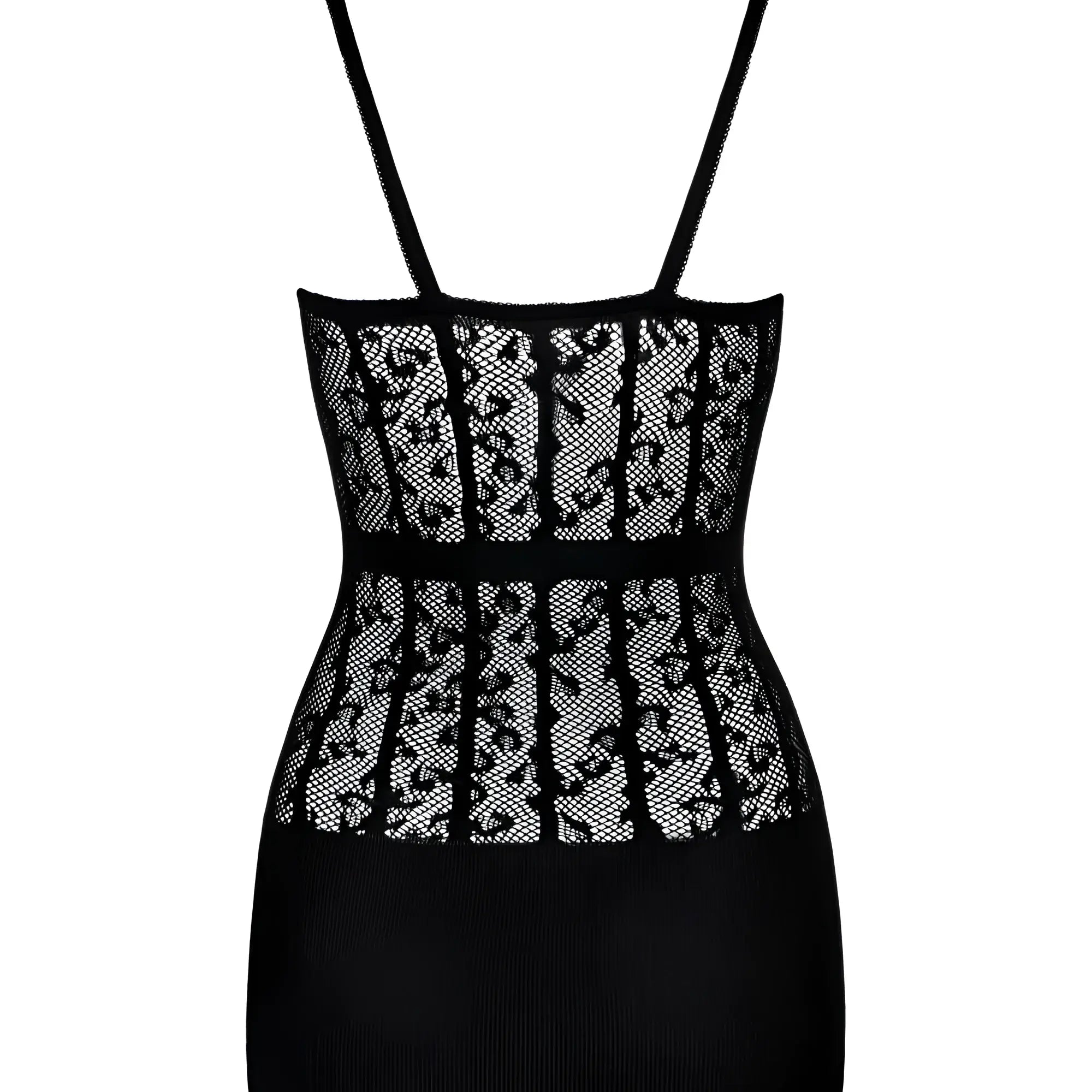 Black lace bodysuit with thin straps and corset-style design in obsessions d605 dress black one size