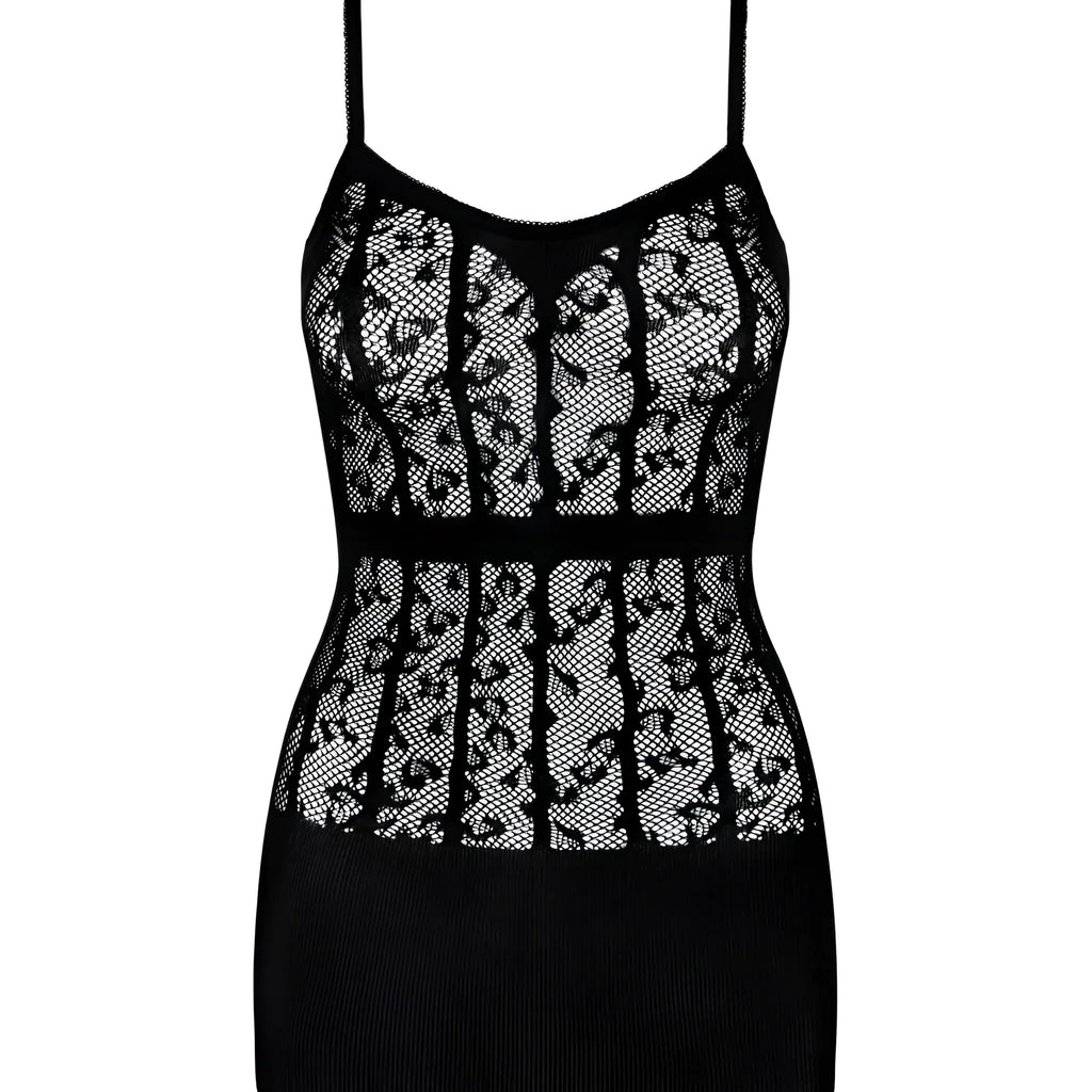Black lace camisole with thin straps and fitted ribbed lower section from obsessive d605 dress black one size