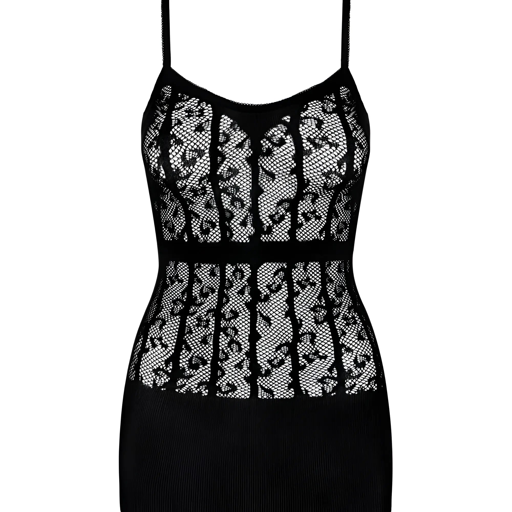 Black lace camisole with thin straps and fitted ribbed lower section from obsessive d605 dress black one size