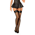 Black fishnet thigh-high stockings with padded faux-leather garter straps in obsessive darknessia black s/m