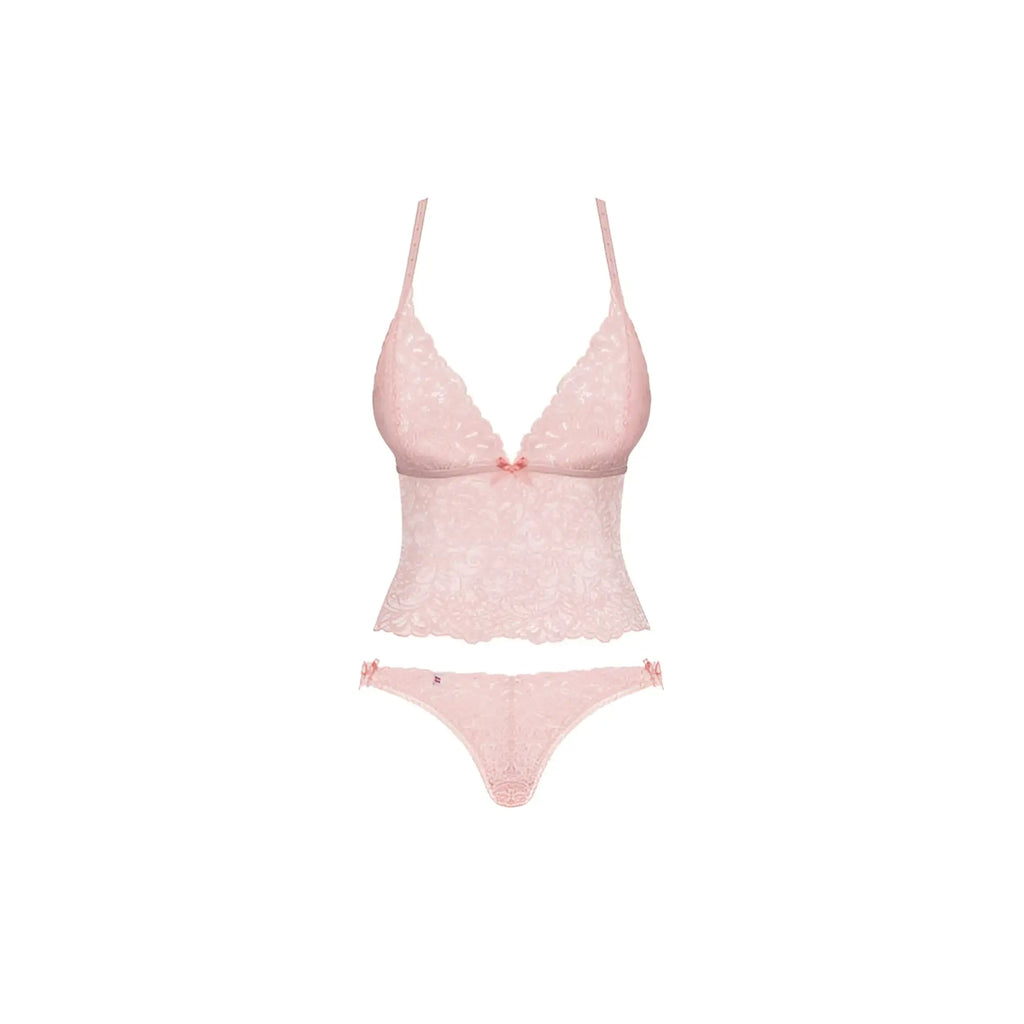 Delicate pink lace lingerie set with v-neck bra thin straps and high-waisted panties floral pattern obsessive delicanta l/xl