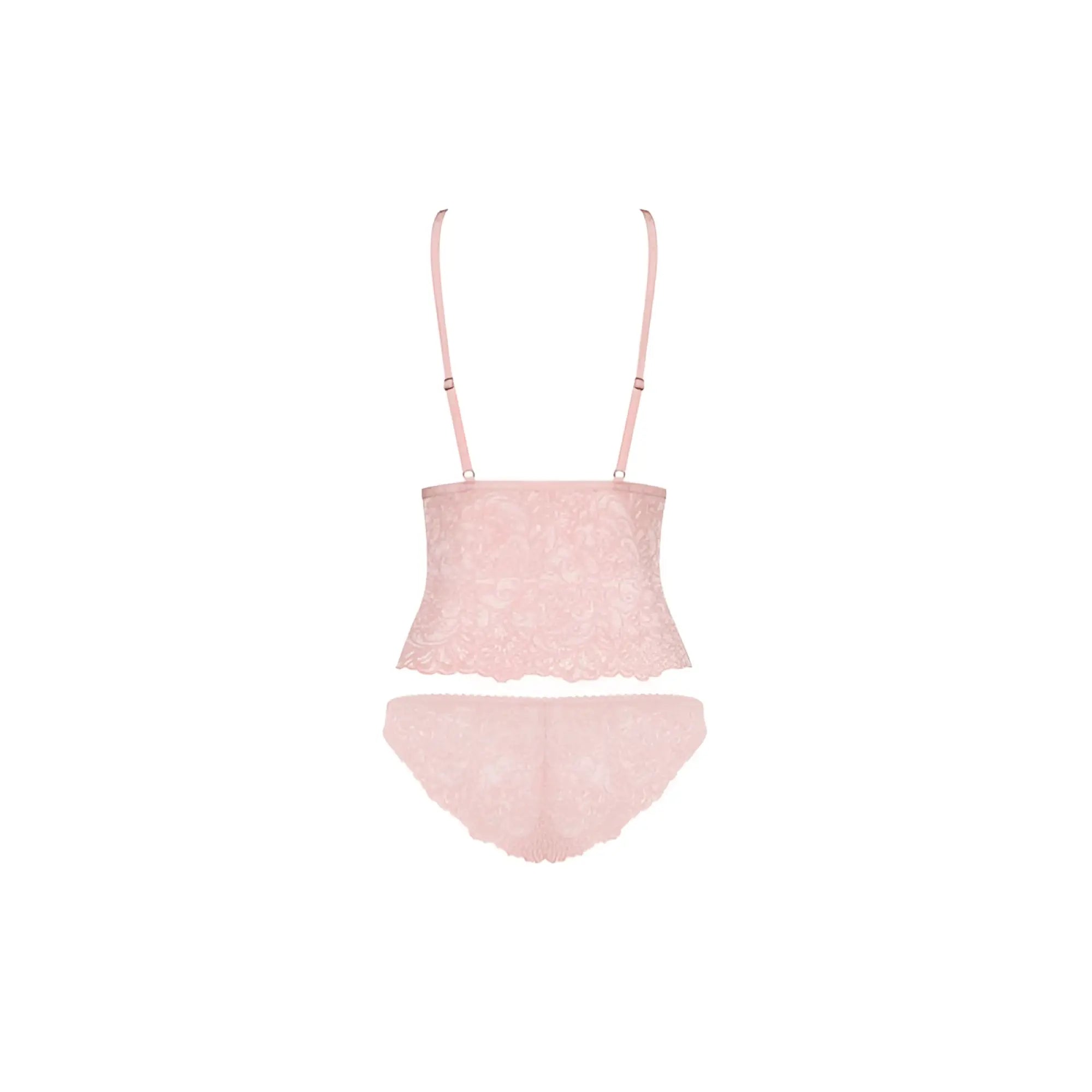 Pink lace lingerie set with delicate floral patterns and thin straps in the obsessive delicanta top and panties pink lxl