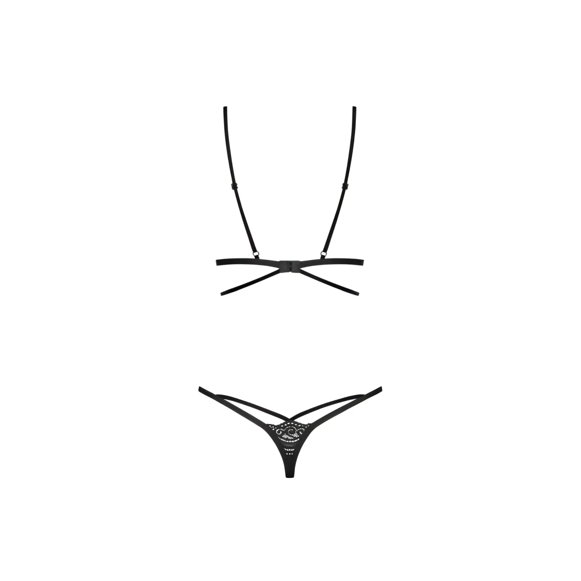 Black lace thong with delicate crisscross straps and decorative center pattern from obsessive diyosa 2 pc set black l/xl