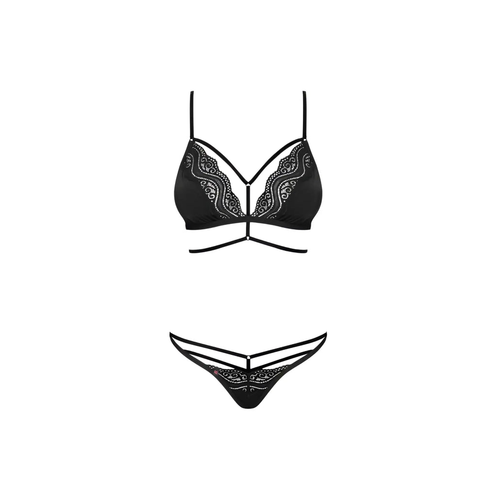 Obsessive diyosa 2 pc set black lace-trimmed bra and thong with delicate paisley embroidery in black l/xl