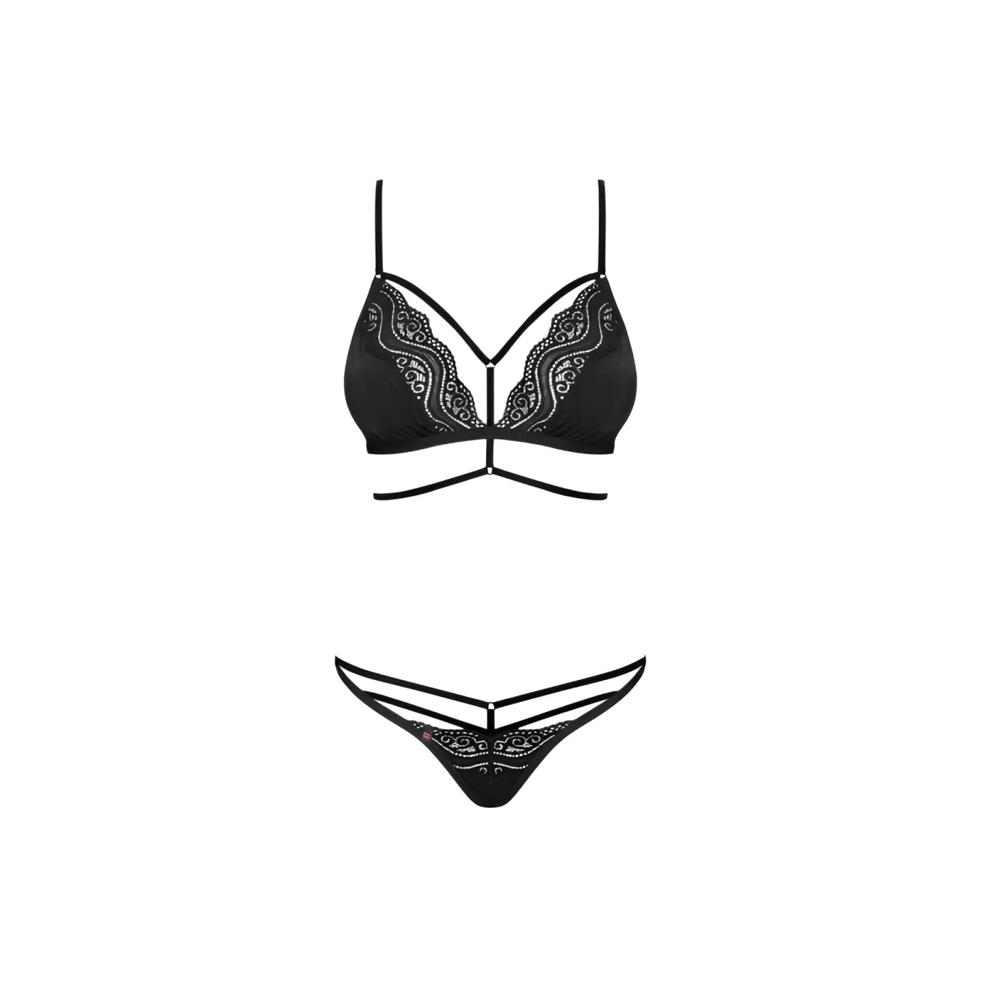 Obsessive diyosa 2 pc set black lace-trimmed bra and thong with delicate paisley embroidery in black l/xl