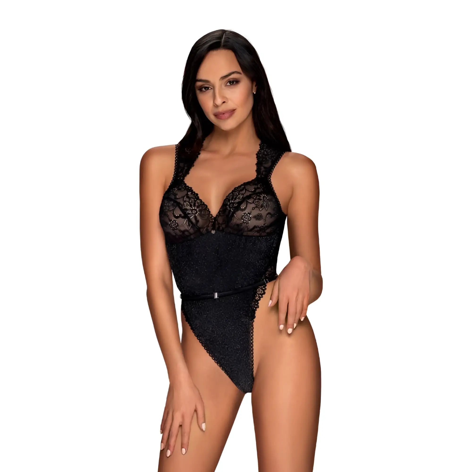 Black lace Obsessive Elisetta teddy bodysuit with a halter neckline and high cut legs in size L XL