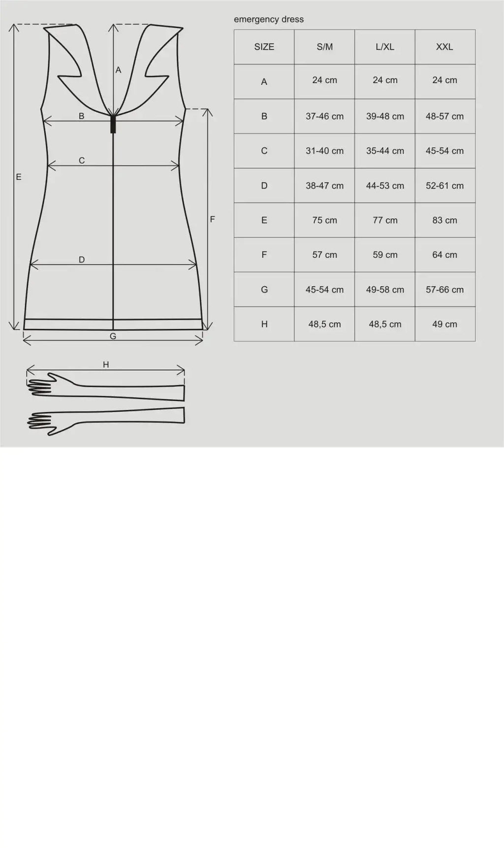 Emergency dress size chart showing measurements for s m l xl and xxl in obsessive emergency dress and stethoscope s m