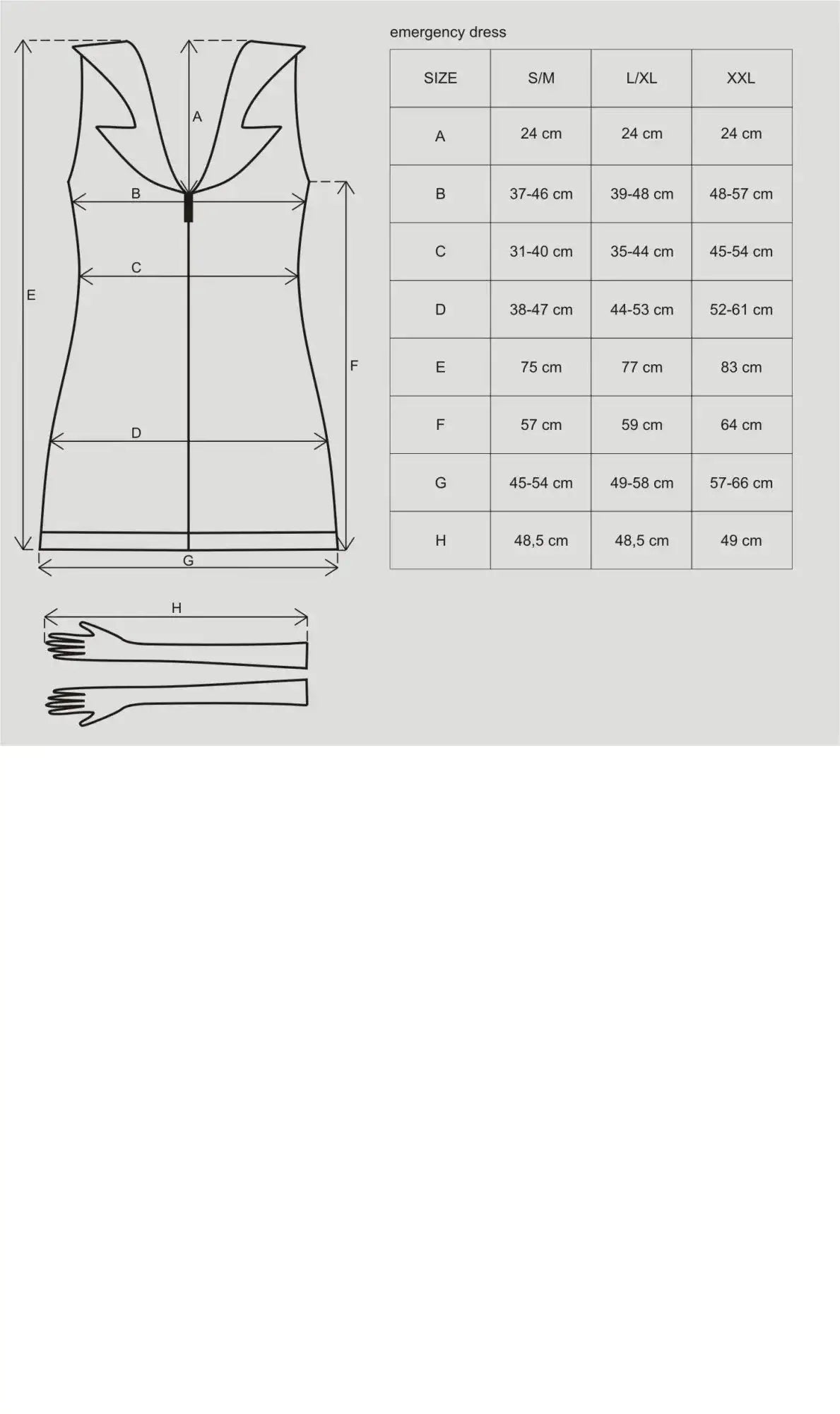 Emergency dress size chart showing measurements for s m l xl and xxl in obsessive emergency dress and stethoscope s m
