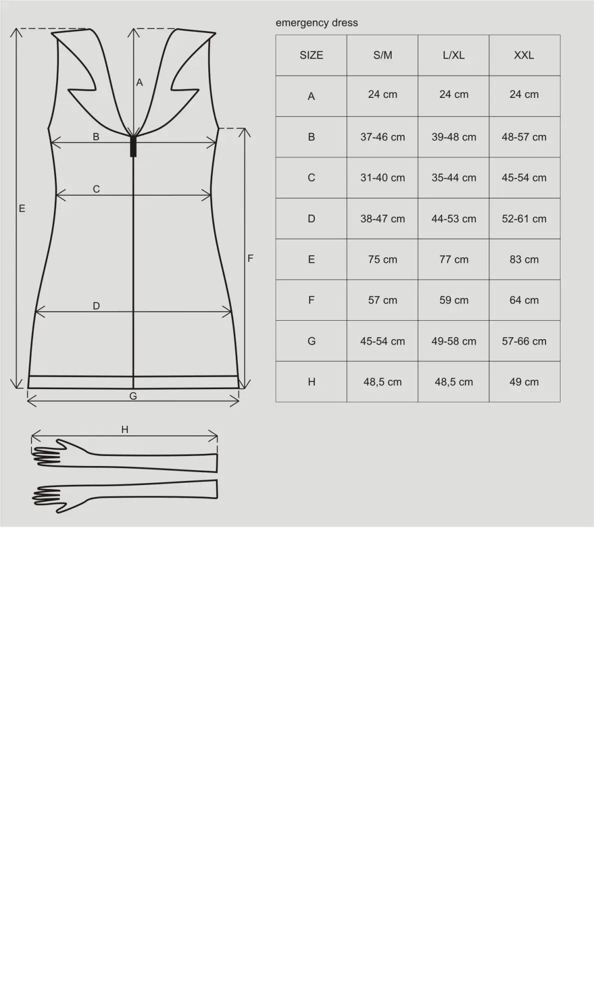 Emergency dress size chart showing measurements for s m l xl and xxl in obsessive emergency dress and stethoscope s m