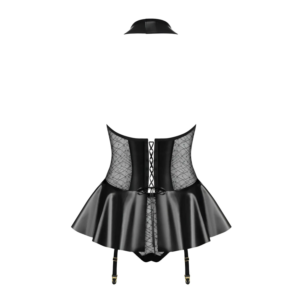 Black satin corset with lace panels and flared skirt from obsessive hot corset w panties black l xl collection
