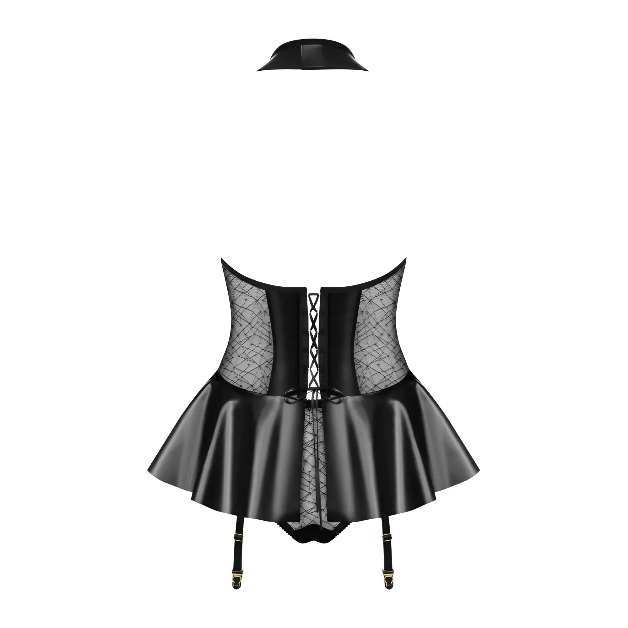 Black satin Obsessive hot corset with lace panels and flared skirt in black size S/M with matching panties