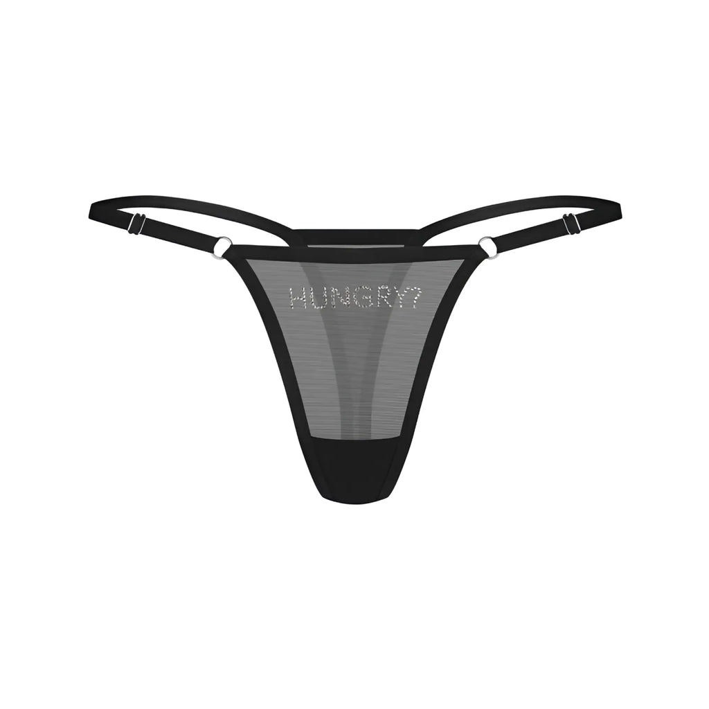 Black mesh thong with adjustable straps and hungry spelled in rhinestones on front for s m sizes