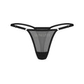 Black mesh thong with adjustable straps and hungry spelled in rhinestones on front for s m sizes