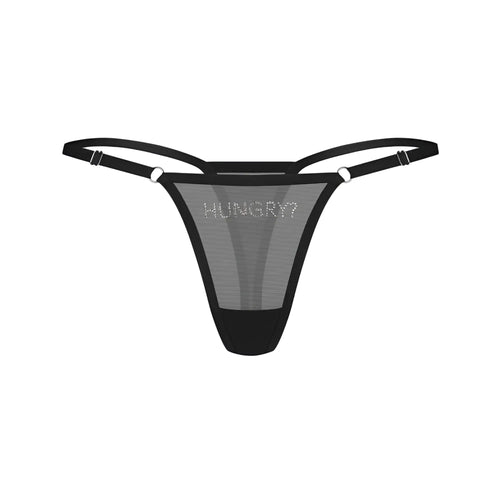 Black mesh thong with adjustable straps and hungry spelled in rhinestones on front for s m sizes