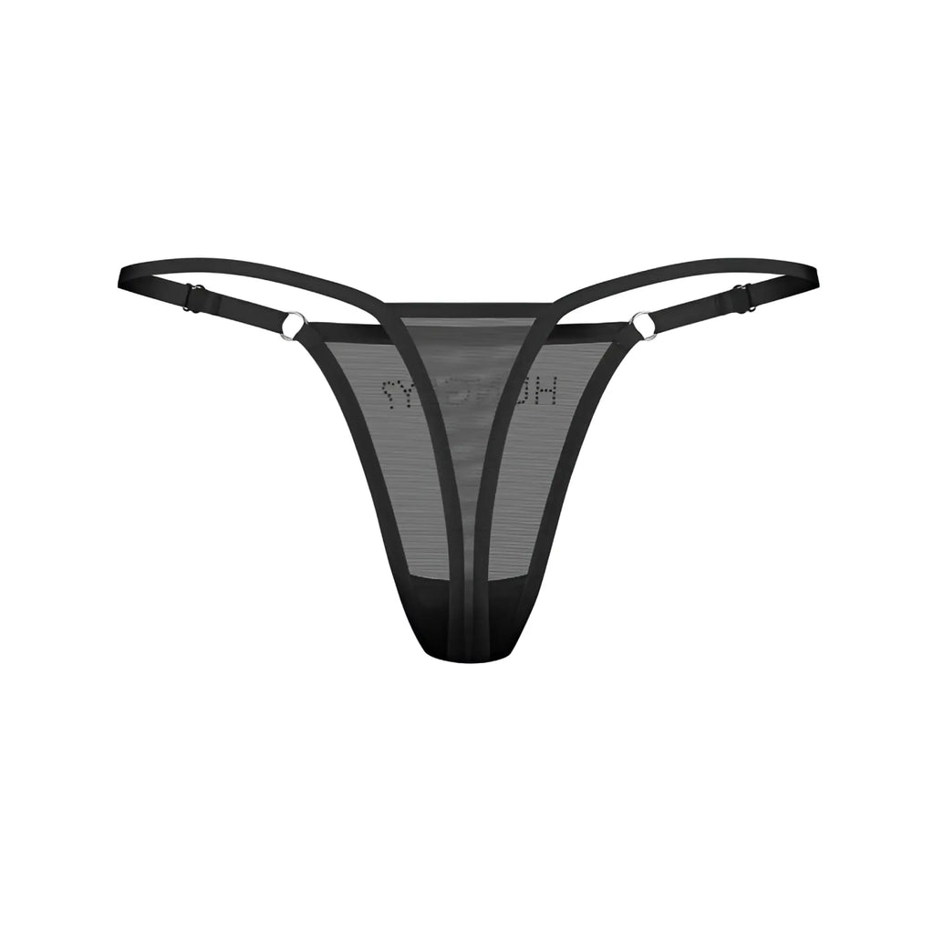 Black mesh thong with thin straps and silver metal rings at the hip in size s/m from Obsessive Hungry collection