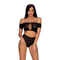 Black lace off-shoulder two-piece lingerie set with intricate floral patterns and front lacing by Obsessive Inessita XL