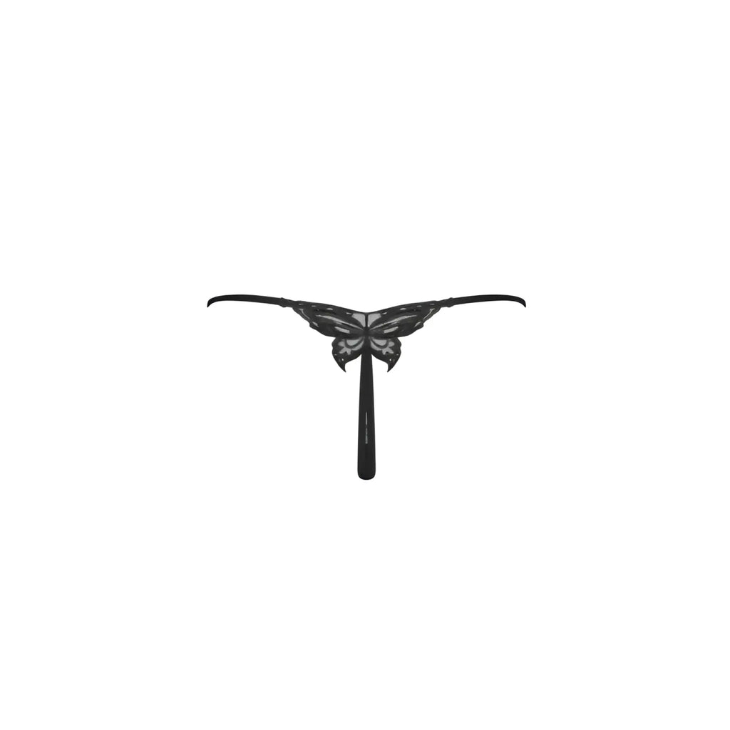 Black lace butterfly thong with delicate wing patterns and central strap in size L XL by Obsessive Kokietta