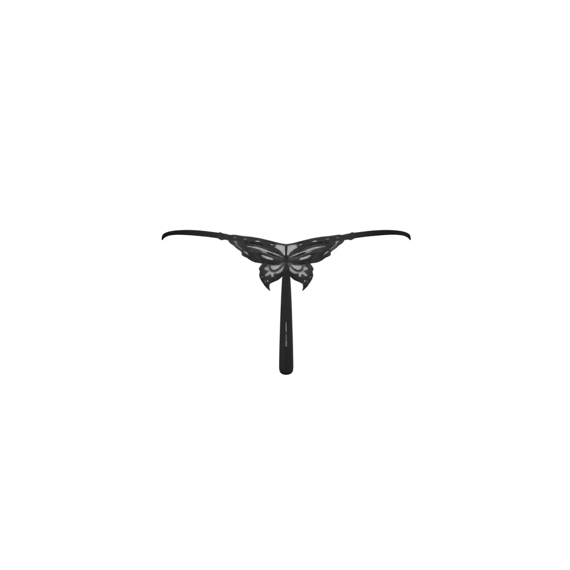 Black lace butterfly thong with delicate wing patterns and central strap in size L XL by Obsessive Kokietta