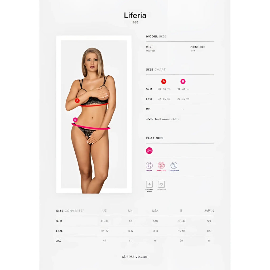 Black lace lingerie cupless set by liferia in size l/xl featuring delicate lace and open cup design