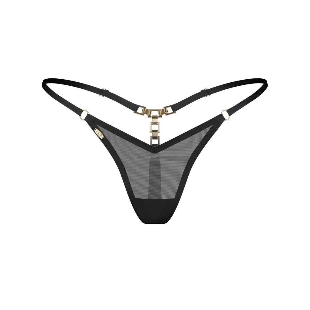 Black mesh lopelly thong lxl with gold-tone metal clasp and adjustable straps shown from the back side