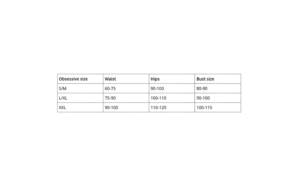 A clean minimalist size chart table with black text on white background for obsessive lopelly thong lxl