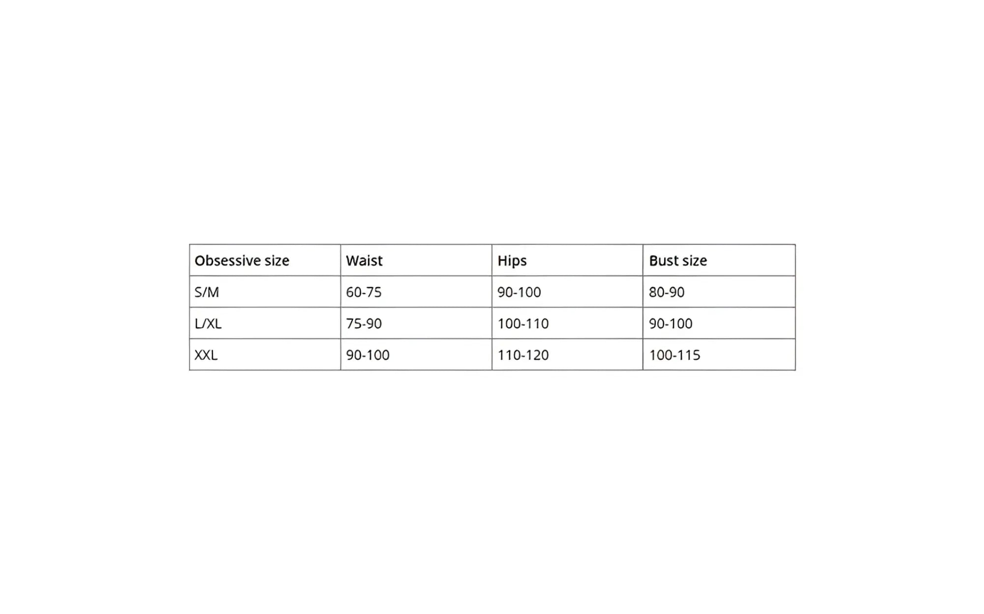 A clean minimalist size chart table with black text on white background for obsessive lopelly thong lxl
