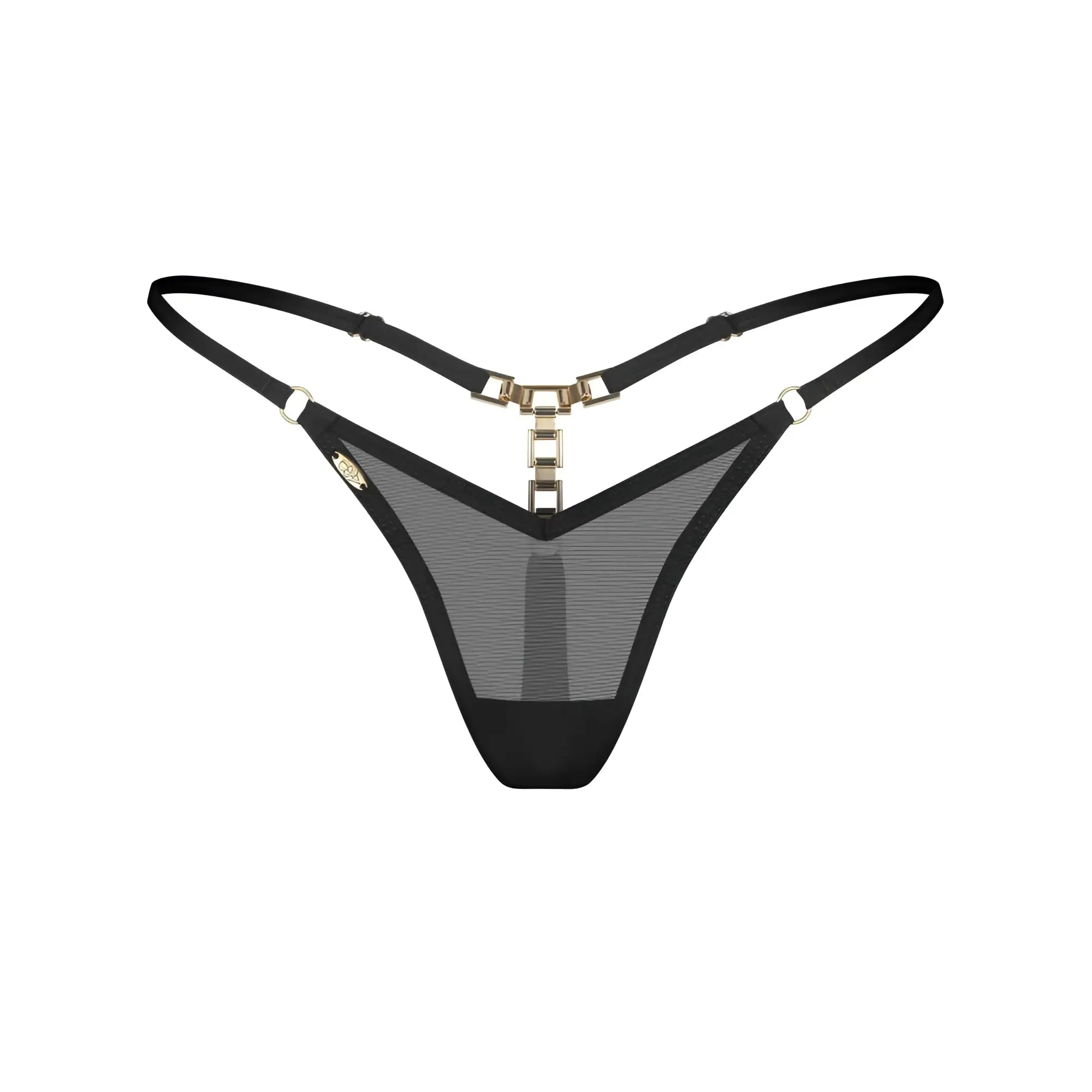 Obsessive lopelly thong s m black mesh thong with gold tone metal clasp and adjustable straps shown from the back