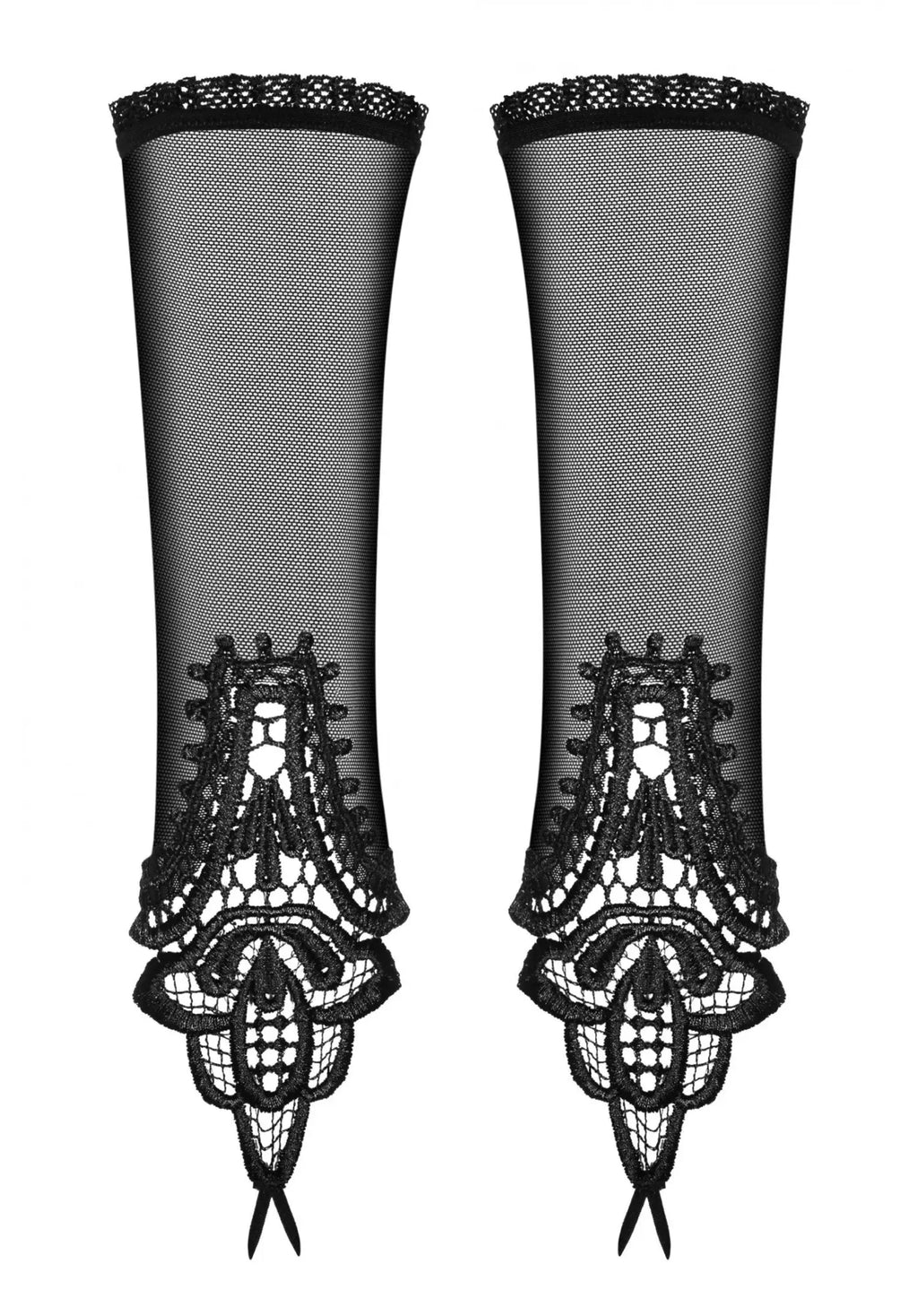 Black lace fingerless gloves Obsessive Luiza gloves one size with intricate floral embroidery and sheer mesh texture