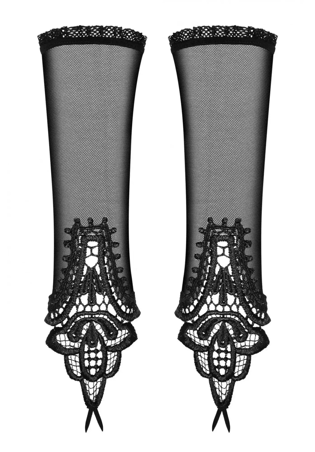 Black lace fingerless gloves Obsessive Luiza gloves one size with intricate floral embroidery and sheer mesh texture