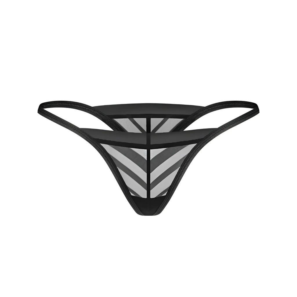 Obsessive Lune Bellis thong M/L black mesh with gray and black geometric chevron pattern front view