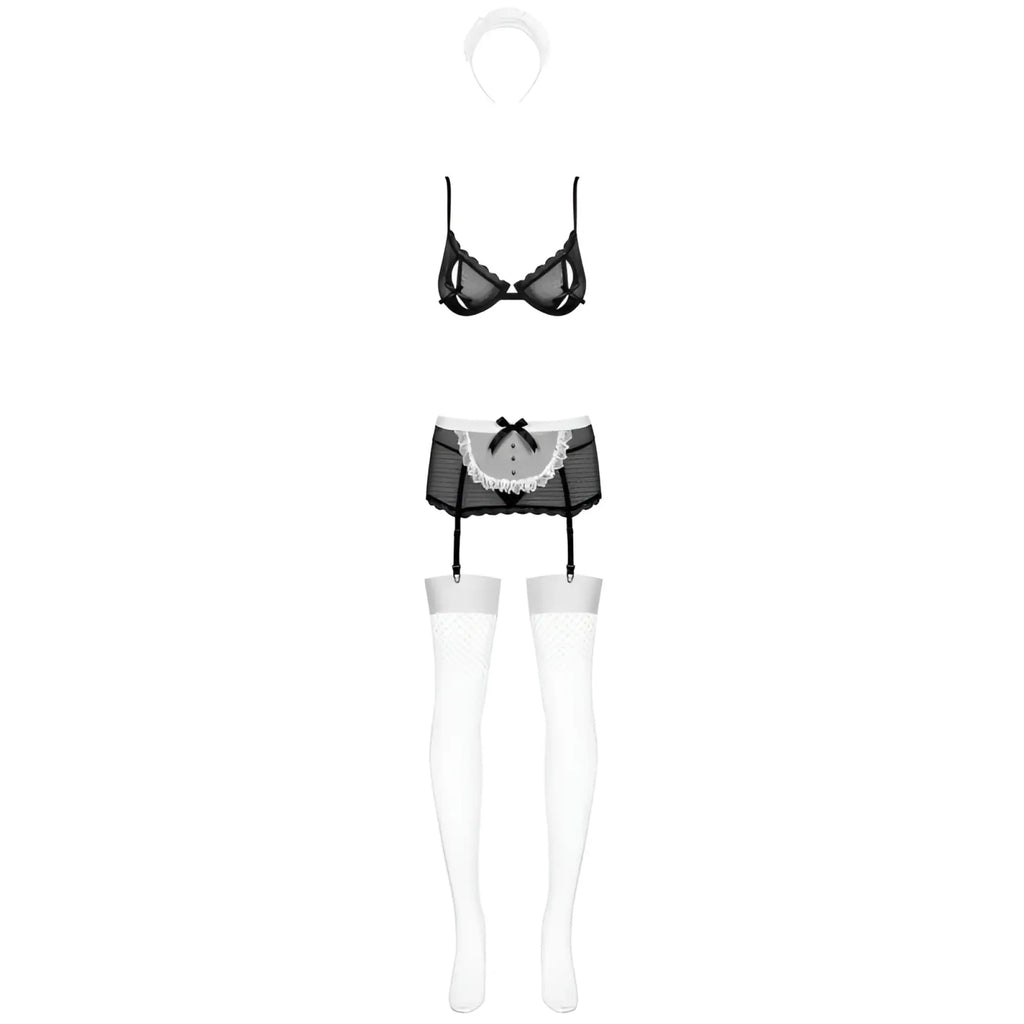 Black lace lingerie set with white mesh stockings and matching headband in obsessive maidme set 5 pc l xl