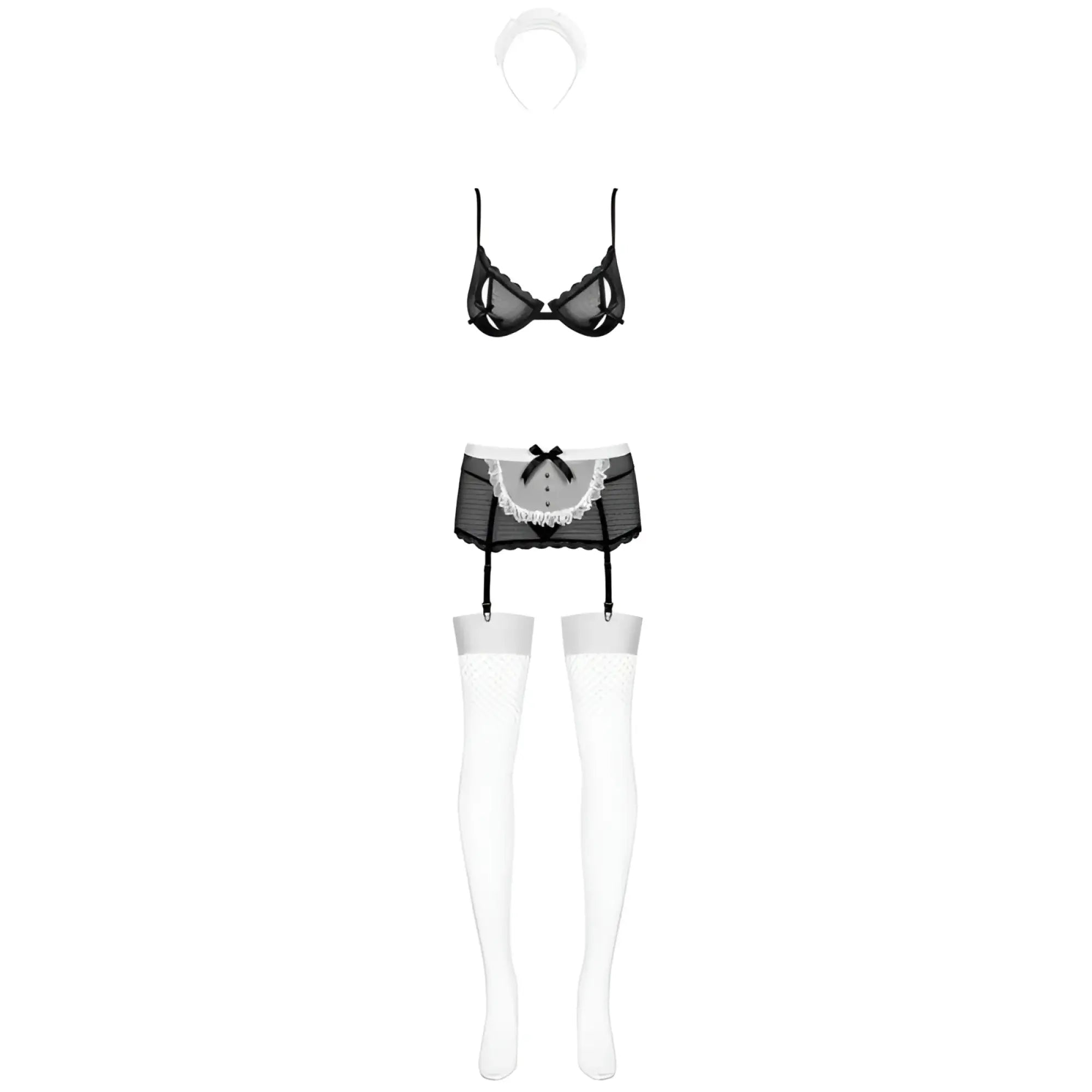 Black lace lingerie set with white mesh stockings and matching headband in obsessive maidme set 5 pc l xl