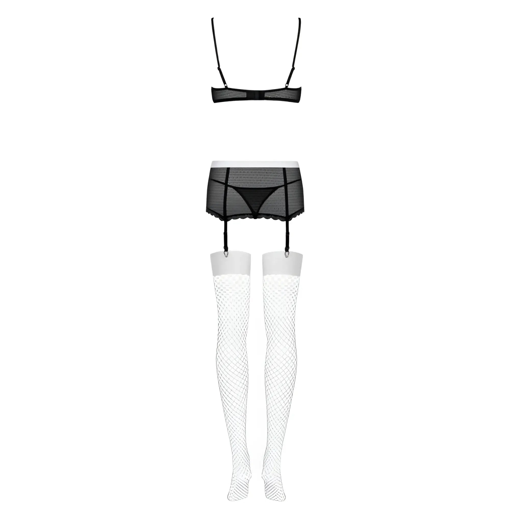 Black mesh lingerie set with garter straps and white fishnet stockings from obsessive maidme set 5 pc l xl